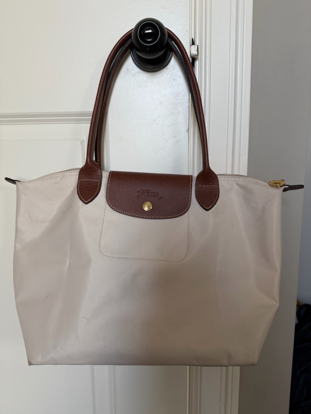 Longchamp Beige Tote with Brown Leather Trim